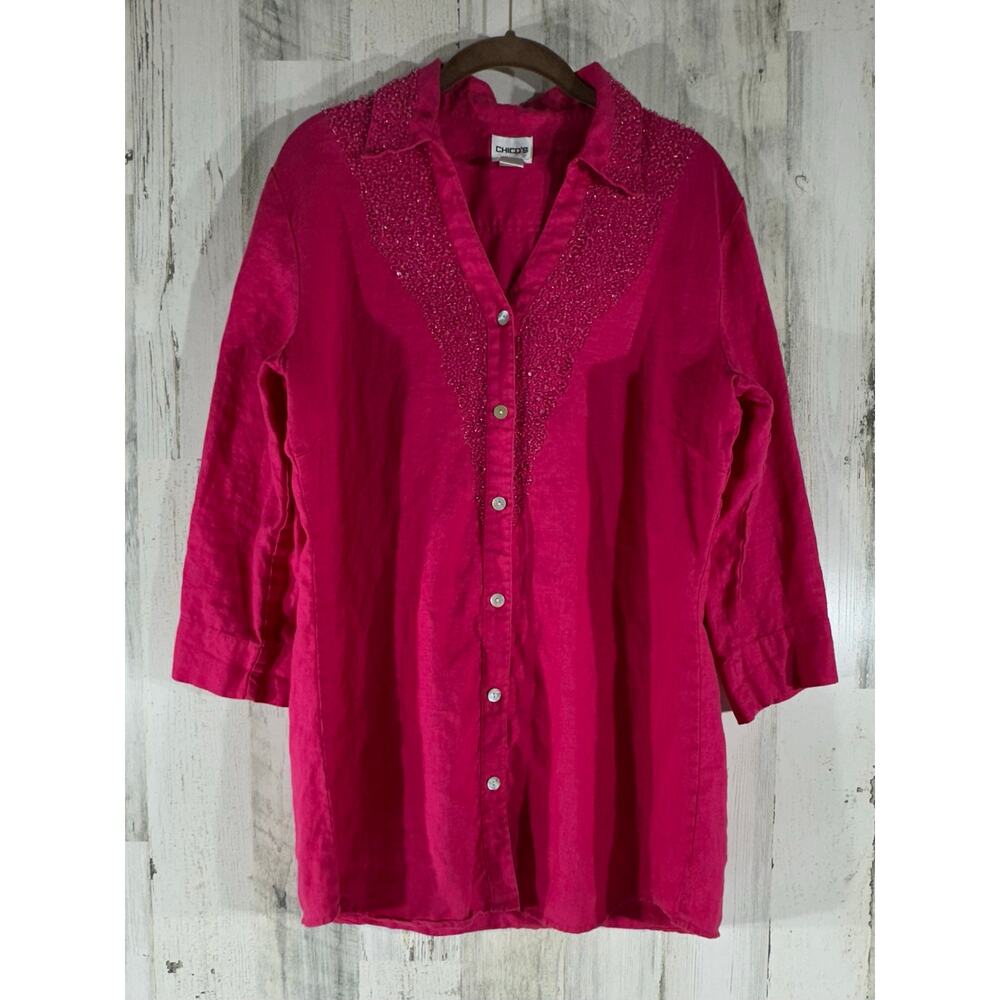 Chicos Blouse Top Size 2‎ or Large Pink Fuchsia 100% Linen Beaded Collar Chest